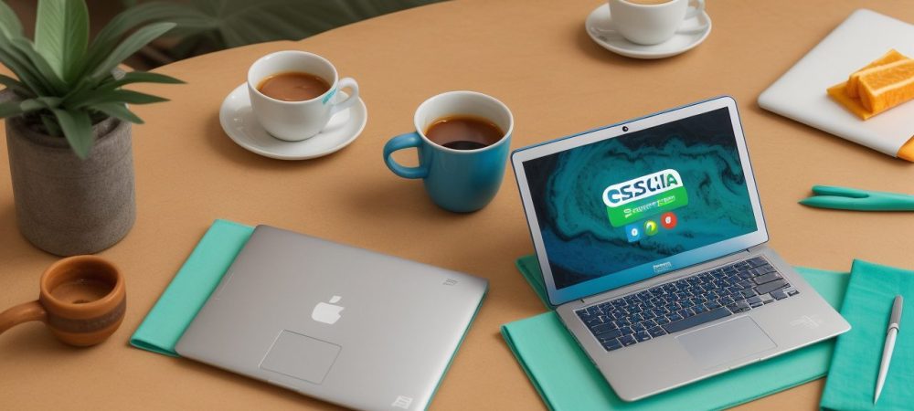 Imagem de um profissional acessando um curso online de cultura digital e redes sociais em seu notebook, com gráficos de redes sociais e crescimento de carreira ao fundo.