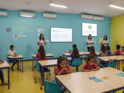 Ambiente escolar moderno com alunos colaborando em atividades de aprendizagem inclusiva
