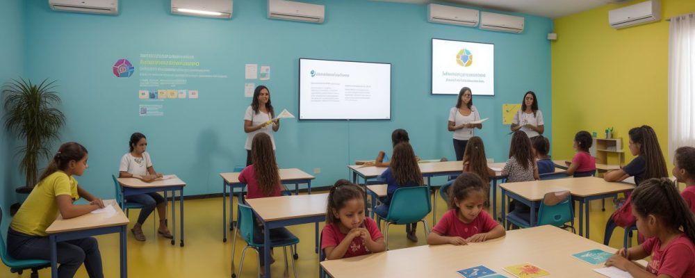 Ambiente escolar moderno com alunos colaborando em atividades de aprendizagem inclusiva