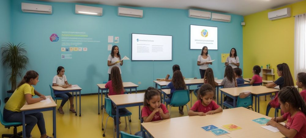 Ambiente escolar moderno com alunos colaborando em atividades de aprendizagem inclusiva