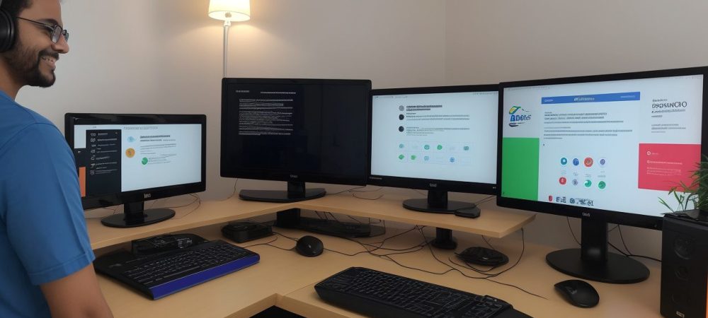 Imagem ilustrativa mostrando um aluno matriculado em um curso online de inovação digital, com ferramentas e conceitos de negócios digitais