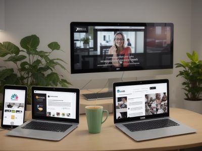 Ilustração de um curso online de publicidade, com pessoas estudando marketing digital e criando anúncios impactantes para aprimorar suas carreiras.