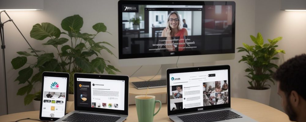 Ilustração de um curso online de publicidade, com pessoas estudando marketing digital e criando anúncios impactantes para aprimorar suas carreiras.