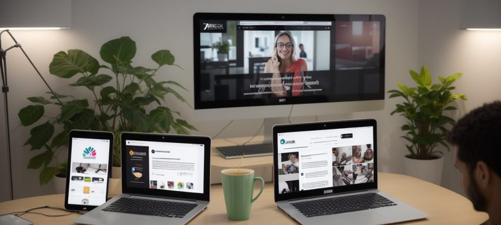 Ilustração de um curso online de publicidade, com pessoas estudando marketing digital e criando anúncios impactantes para aprimorar suas carreiras.