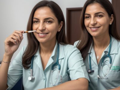 Imagem de um profissional da saúde sorrindo, segurando um cigarro cortado ao meio, simbolizando o curso online de tabagismo e a libertação do vício.