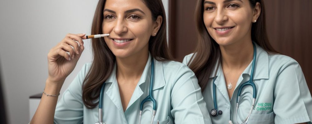 Imagem de um profissional da saúde sorrindo, segurando um cigarro cortado ao meio, simbolizando o curso online de tabagismo e a libertação do vício.