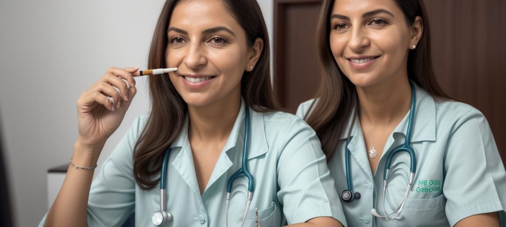 Imagem de um profissional da saúde sorrindo, segurando um cigarro cortado ao meio, simbolizando o curso online de tabagismo e a libertação do vício.