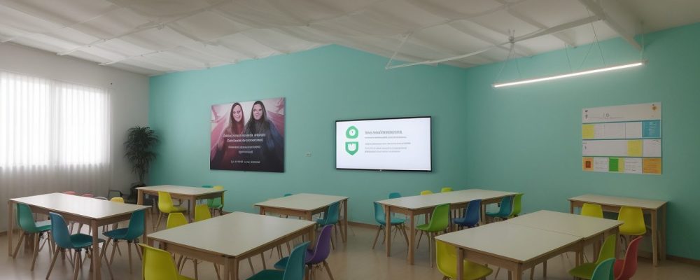 Imagem de alunos e professores em um ambiente escolar seguro e acolhedor, refletindo o tema do curso online de violência nas escolas.