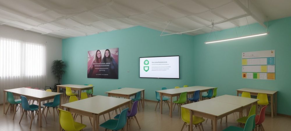 Imagem de alunos e professores em um ambiente escolar seguro e acolhedor, refletindo o tema do curso online de violência nas escolas.