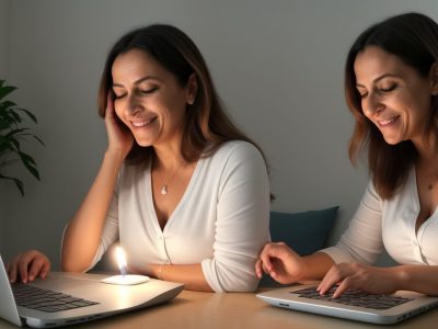 Mãe aprendendo sobre amamentação em um curso online, com foco em como aumentar a produção de leite e dicas práticas.