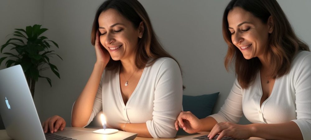 Mãe aprendendo sobre amamentação em um curso online, com foco em como aumentar a produção de leite e dicas práticas.