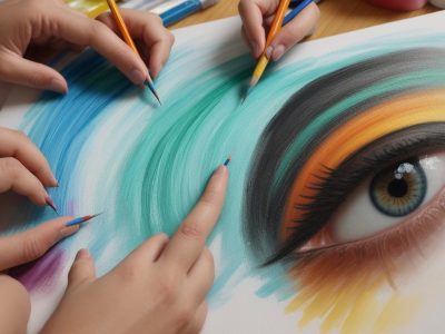 Alunos aprendendo técnicas de pintura e desenho em aulas de arte online, com materiais de arte e um ambiente inspirador.