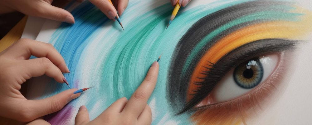 Alunos aprendendo técnicas de pintura e desenho em aulas de arte online, com materiais de arte e um ambiente inspirador.