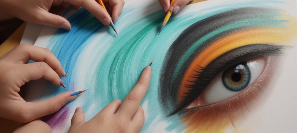 Curso de Arte Online: Transformando Talentos com Aulas e Técnicas Alunos aprendendo técnicas de pintura e desenho em aulas de arte online, com materiais de arte e um ambiente inspirador.