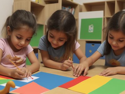 Crianças participando de atividades de um curso de artes visuais para educação infantil, em sala de aula, com materiais coloridos e professor orientando