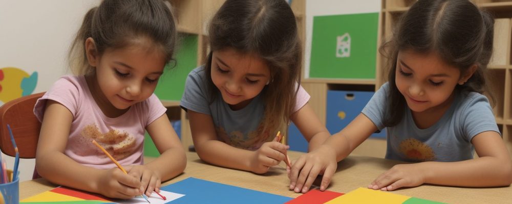 Crianças participando de atividades de um curso de artes visuais para educação infantil, em sala de aula, com materiais coloridos e professor orientando