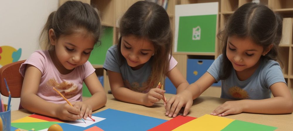 Curso de Artes Visuais: Transformando a Educação Infantil Crianças participando de atividades de um curso de artes visuais para educação infantil, em sala de aula, com materiais coloridos e professor orientando