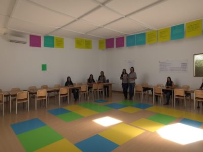 Professor aplicando avaliação formativa em sala de aula, com alunos engajados em atividades dinâmicas e coloridas