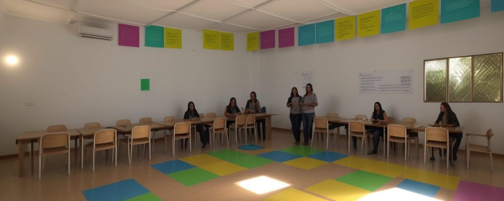 Professor aplicando avaliação formativa em sala de aula, com alunos engajados em atividades dinâmicas e coloridas
