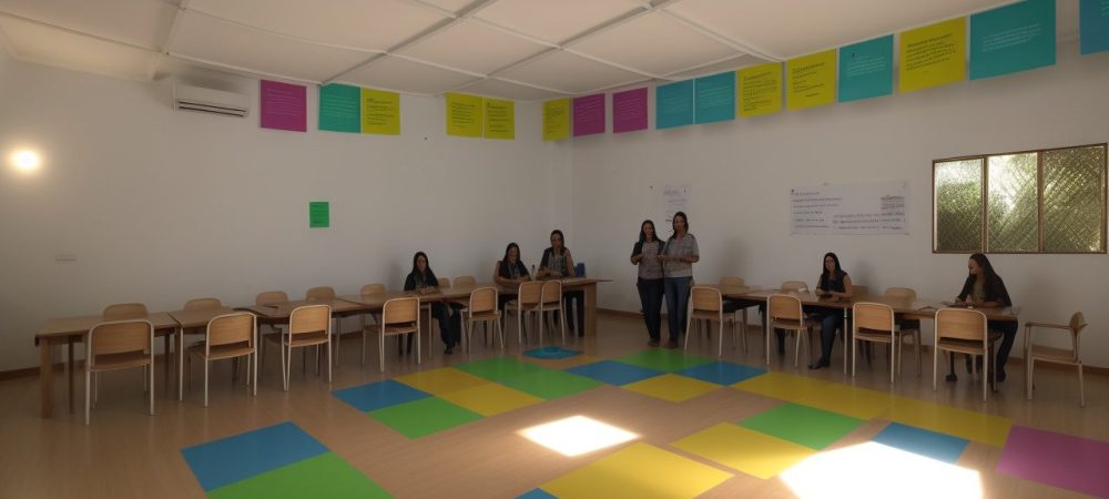 Professor aplicando avaliação formativa em sala de aula, com alunos engajados em atividades dinâmicas e coloridas
