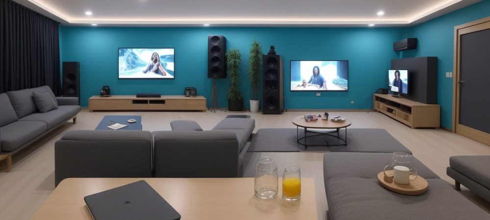 Alunos em um curso de cinema online, aprendendo roteiro para iniciantes e técnicas de filmagem, com equipamentos de cinema e um roteiro em destaque