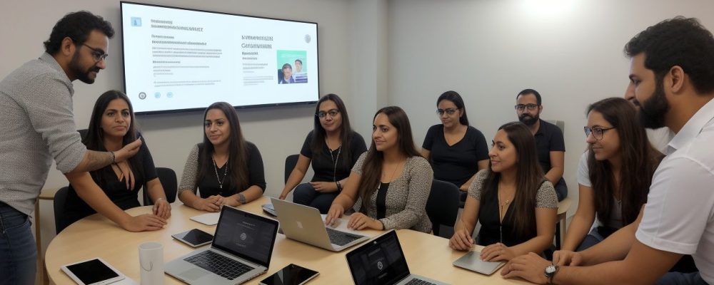 Imagem ilustrativa de um curso de comunicação social com pessoas interagindo e aprendendo sobre o tema, representando oportunidades de carreira.