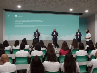 Imagem de um curso de comunicação e oratória com pessoas engajadas, praticando técnicas de comunicação e oratória, com foco em melhorar habilidades.