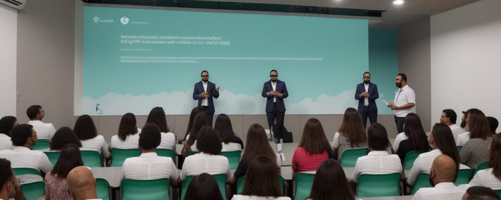 Imagem de um curso de comunicação e oratória com pessoas engajadas, praticando técnicas de comunicação e oratória, com foco em melhorar habilidades.