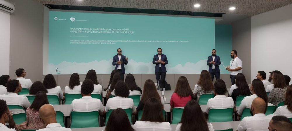 Imagem de um curso de comunicação e oratória com pessoas engajadas, praticando técnicas de comunicação e oratória, com foco em melhorar habilidades.