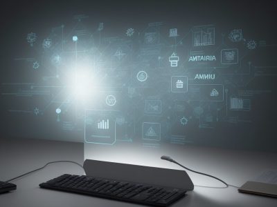 Imagem de um servidor público estudando em um curso online de contabilidade, com gráficos financeiros e um ambiente de trabalho moderno, representando o aprendizado e a aplicação prática dos fundamentos contábeis.