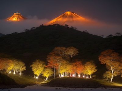 Crianças reunidas em um círculo, ouvindo atentamente um contador de histórias em um ambiente acolhedor e mágico, representando um curso de contação de histórias para crianças.