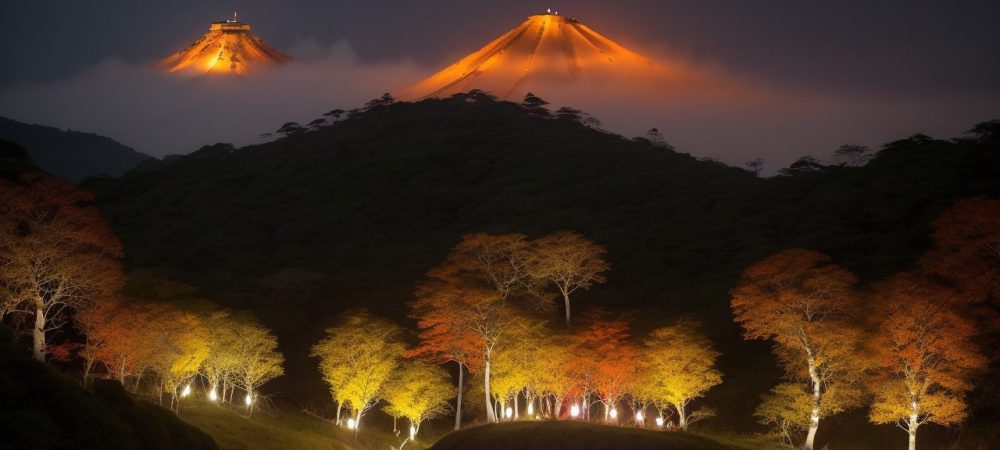 Crianças reunidas em um círculo, ouvindo atentamente um contador de histórias em um ambiente acolhedor e mágico, representando um curso de contação de histórias para crianças.