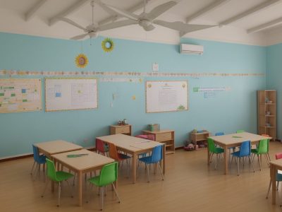 Crianças e educadores engajados em atividades educativas em sala de aula, com foco no curso online de desenvolvimento da pessoa com síndrome de Down, promovendo a inclusão e o aprendizado.