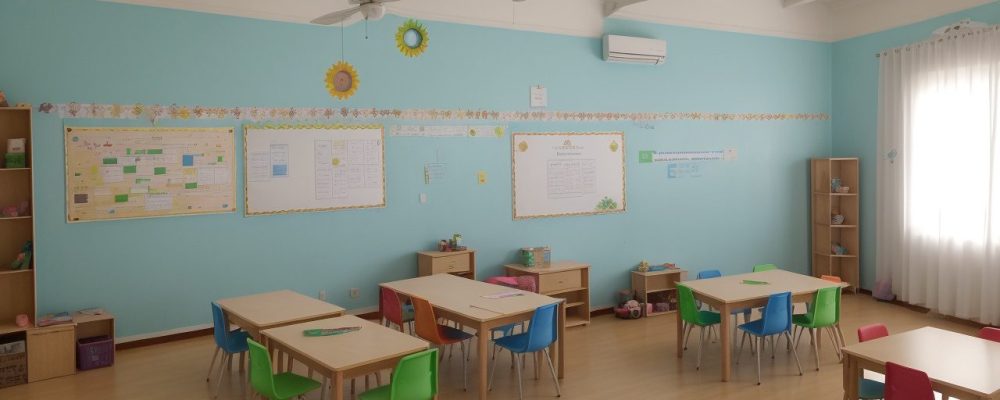 Crianças e educadores engajados em atividades educativas em sala de aula, com foco no curso online de desenvolvimento da pessoa com síndrome de Down, promovendo a inclusão e o aprendizado.