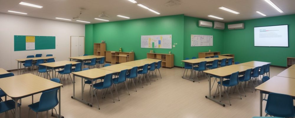 Sala de aula interativa, com alunos utilizando ferramentas visuais para superar dificuldades de aprendizagem