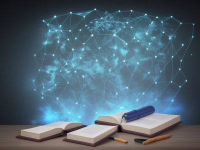 Ilustração de um curso de direito penal online, com um estudante interagindo com o código penal e outros materiais de estudo.