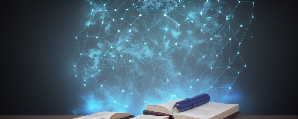 Ilustração de um curso de direito penal online, com um estudante interagindo com o código penal e outros materiais de estudo.