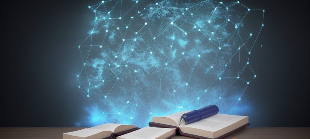 Ilustração de um curso de direito penal online, com um estudante interagindo com o código penal e outros materiais de estudo.