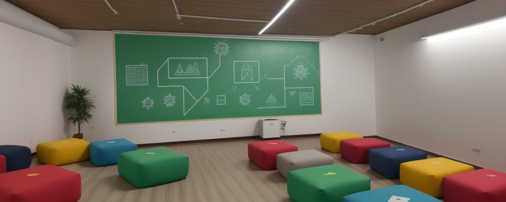 Professora auxiliando aluno com necessidades especiais em sala de aula durante curso de educação inclusiva, com recursos de apoio e ambiente acolhedor.