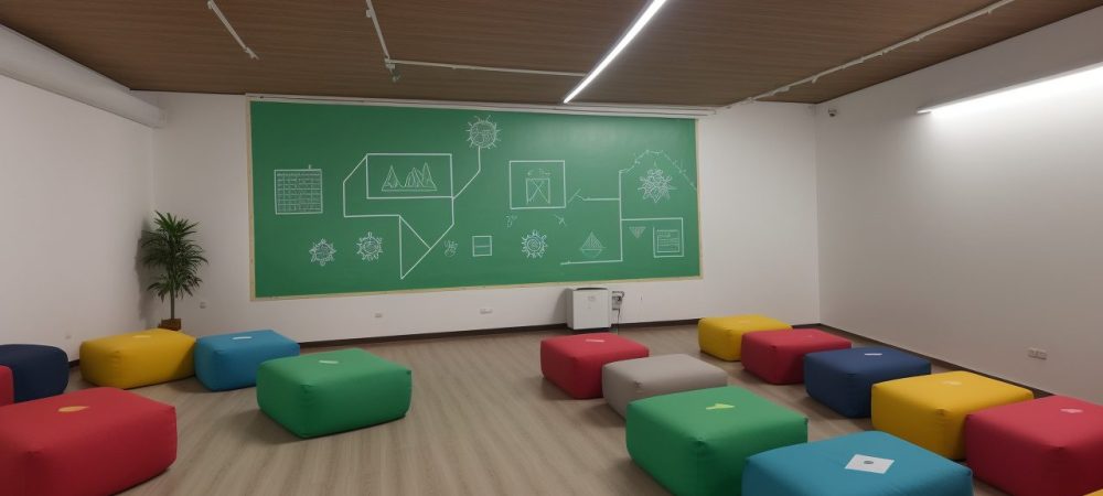 Professora auxiliando aluno com necessidades especiais em sala de aula durante curso de educação inclusiva, com recursos de apoio e ambiente acolhedor.