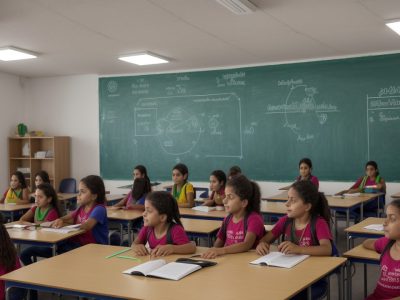 Professor e alunos em sala de aula inclusiva, com recursos de neuropsicopedagogia e adaptação curricular.