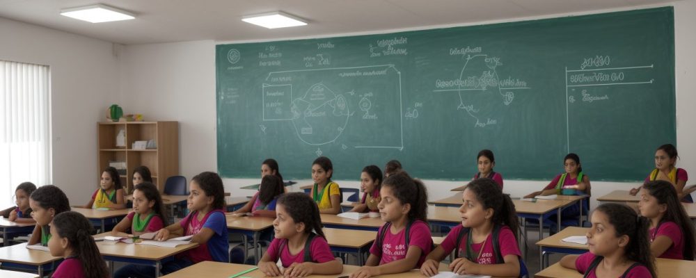 Professor e alunos em sala de aula inclusiva, com recursos de neuropsicopedagogia e adaptação curricular.