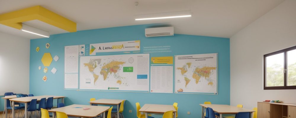 Professor e alunos em sala de aula dinâmica, com atividades práticas e recursos de ensino de espanhol.