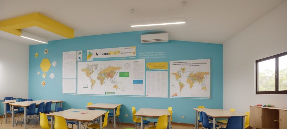 Professor e alunos em sala de aula dinâmica, com atividades práticas e recursos de ensino de espanhol.