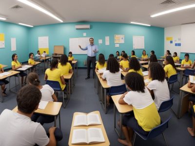 Professor em sala de aula ensinando espanhol com recursos visuais e alunos engajados, demonstrando a importância do curso de espanhol para professores.