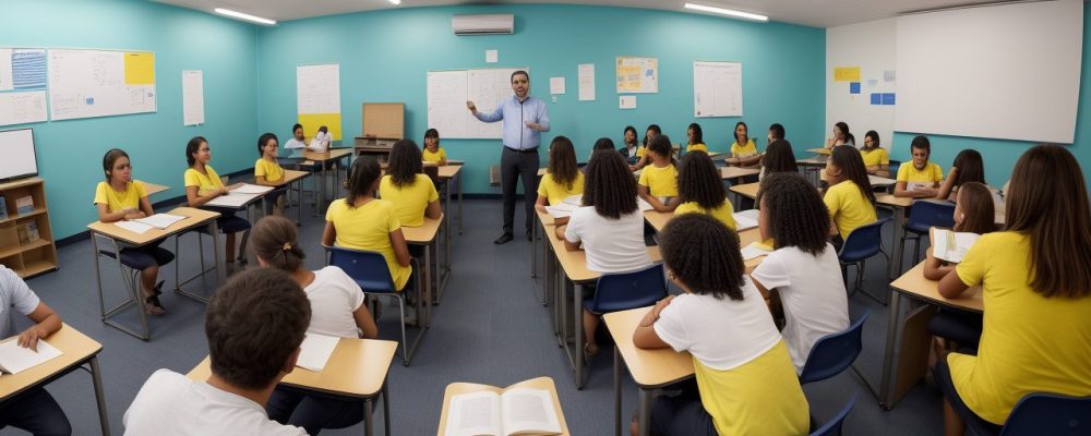 Professor em sala de aula ensinando espanhol com recursos visuais e alunos engajados, demonstrando a importância do curso de espanhol para professores.