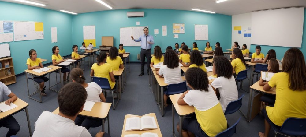 Curso de Espanhol para Professores: Transformando a Sala de Aula Professor em sala de aula ensinando espanhol com recursos visuais e alunos engajados, demonstrando a importância do curso de espanhol para professores.