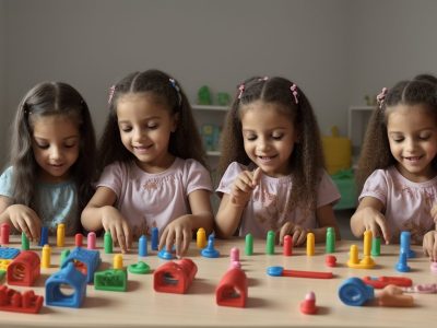 Crianças aprendendo em atividades práticas de um curso de estimulação precoce, promovendo o desenvolvimento infantil.