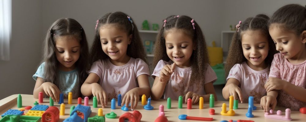 Crianças aprendendo em atividades práticas de um curso de estimulação precoce, promovendo o desenvolvimento infantil.