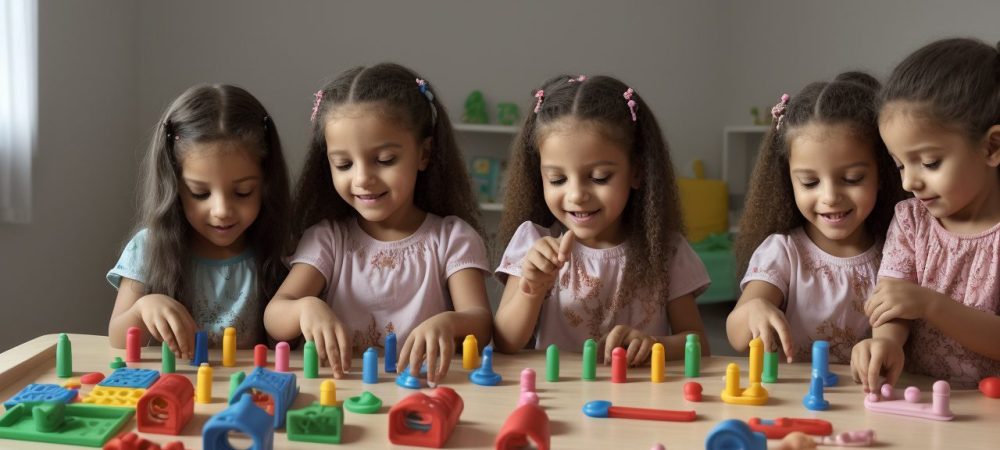Crianças aprendendo em atividades práticas de um curso de estimulação precoce, promovendo o desenvolvimento infantil.
